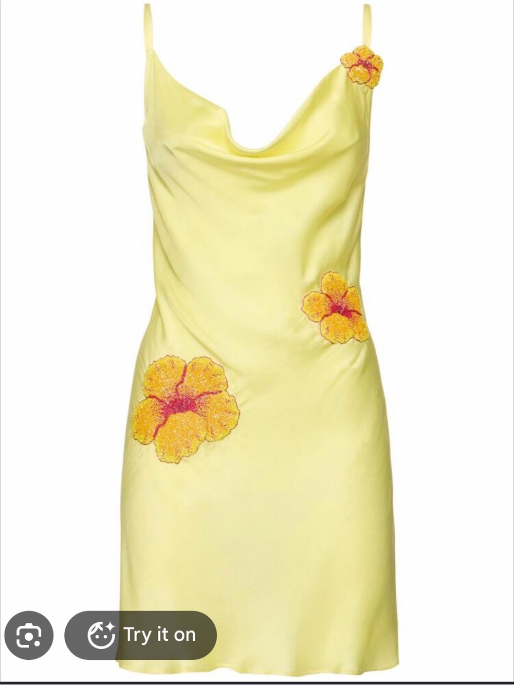 LESLIE AMON GALI MINI DRESS YELLOW HIBISCUS BEADED FLOWERS
